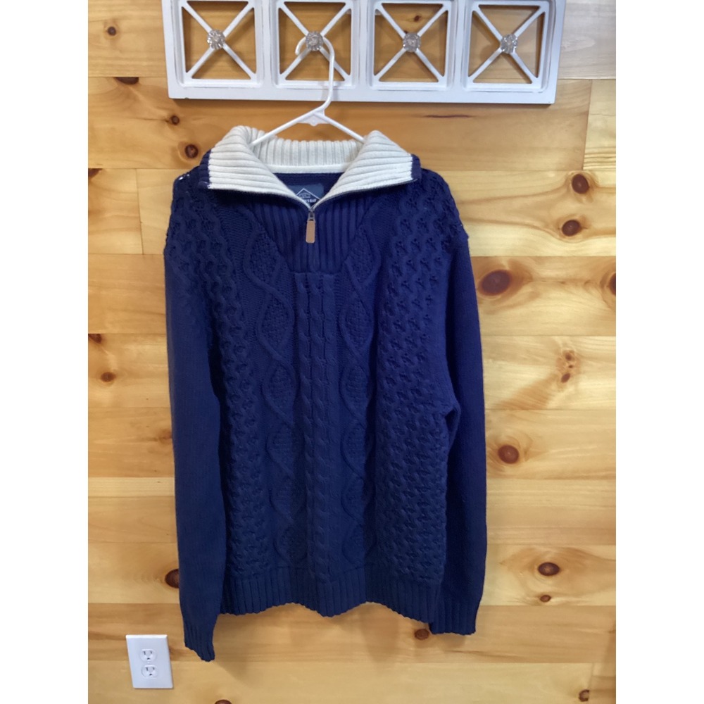 St Johns Bay Mens Navy Blue Cable Knit Quarter Zip Sweater Large Preppy Coastal